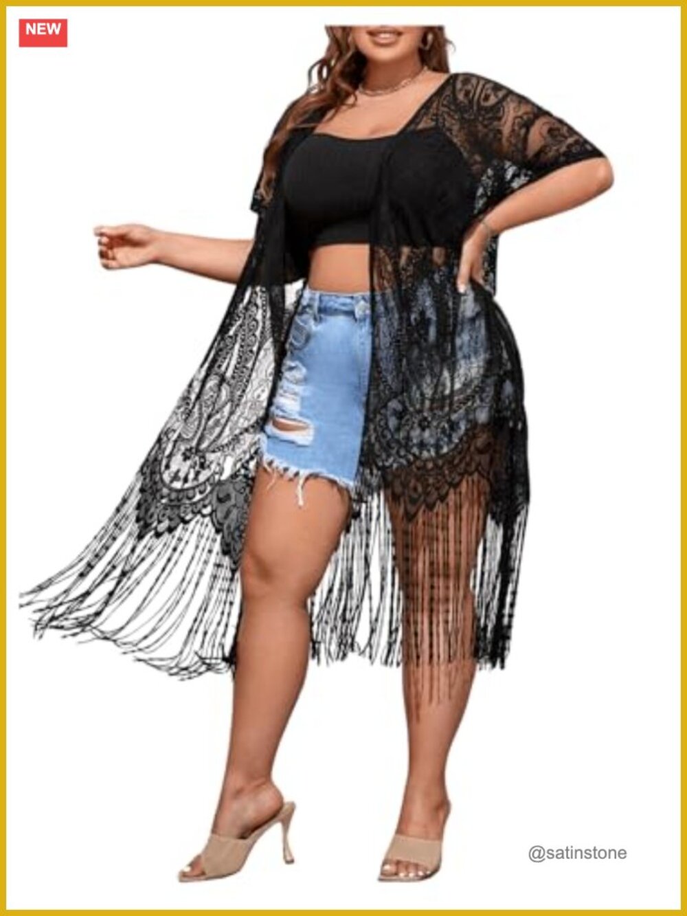 Plus Size Lace Sheer Fringe Trim Open Front Kimono Cardigan Cover Up Midi Dress